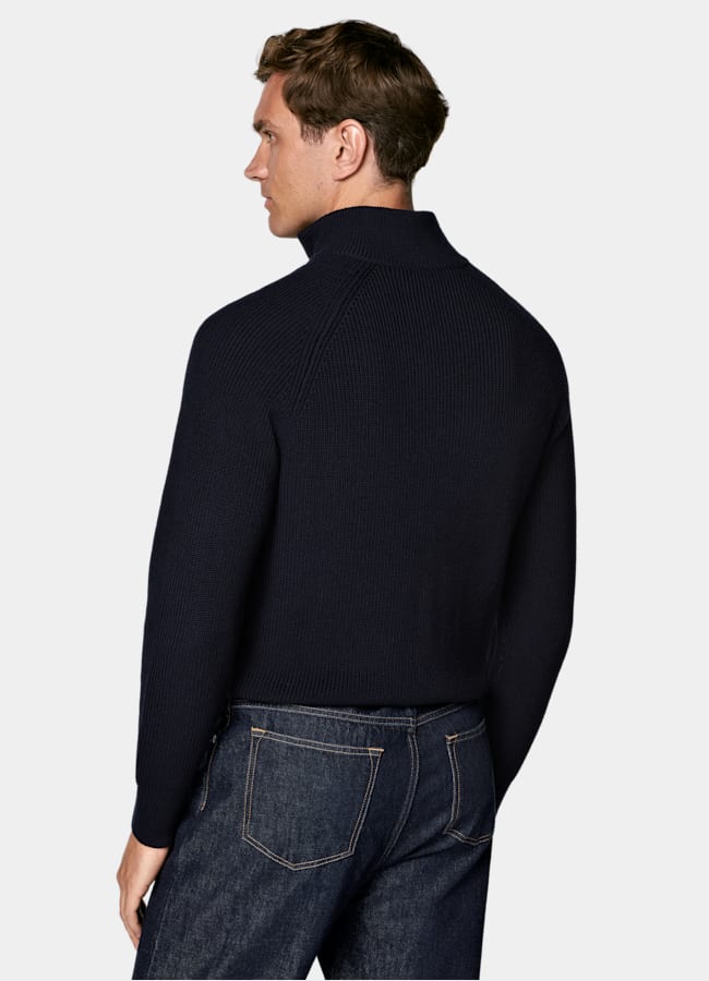 SUITSUPPLY Pure Wool Navy Ribbed Zip Cardigan