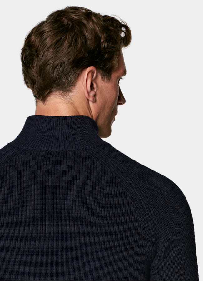 SUITSUPPLY Pure Wool Navy Ribbed Zip Cardigan