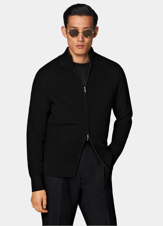 SUITSUPPLY Pure Wool Black Ribbed Zip Cardigan