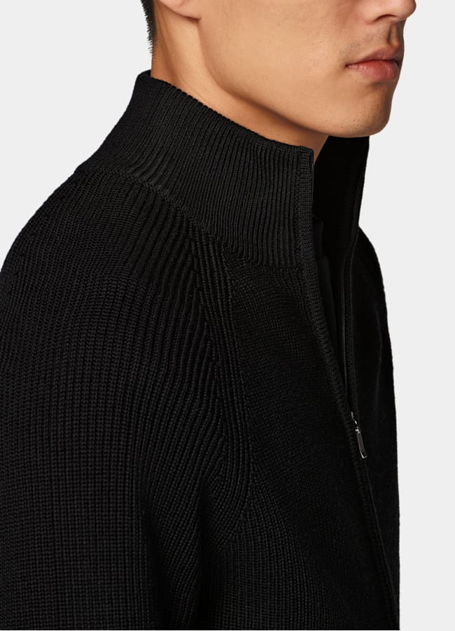 SUITSUPPLY Pure Wool Black Ribbed Zip Cardigan