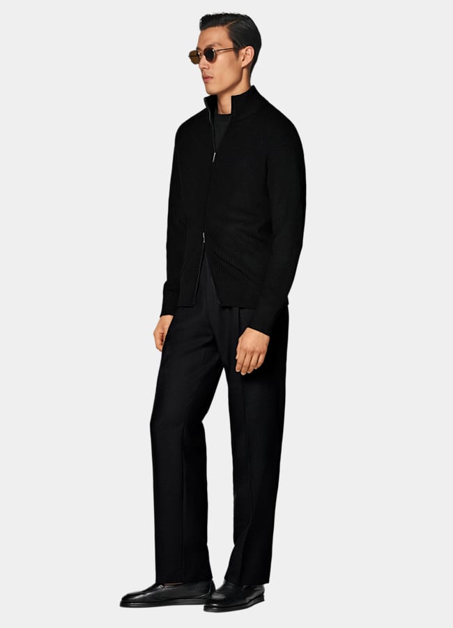 SUITSUPPLY Pure Wool Black Ribbed Zip Cardigan