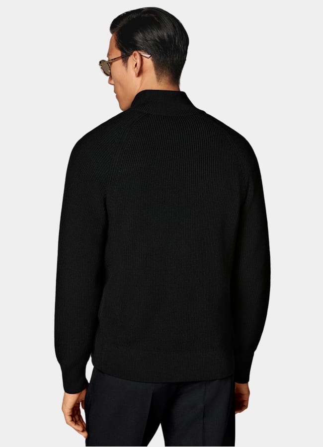 SUITSUPPLY Pure Wool Black Ribbed Zip Cardigan
