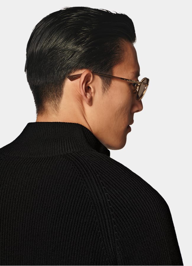 SUITSUPPLY Pure Wool Black Ribbed Zip Cardigan