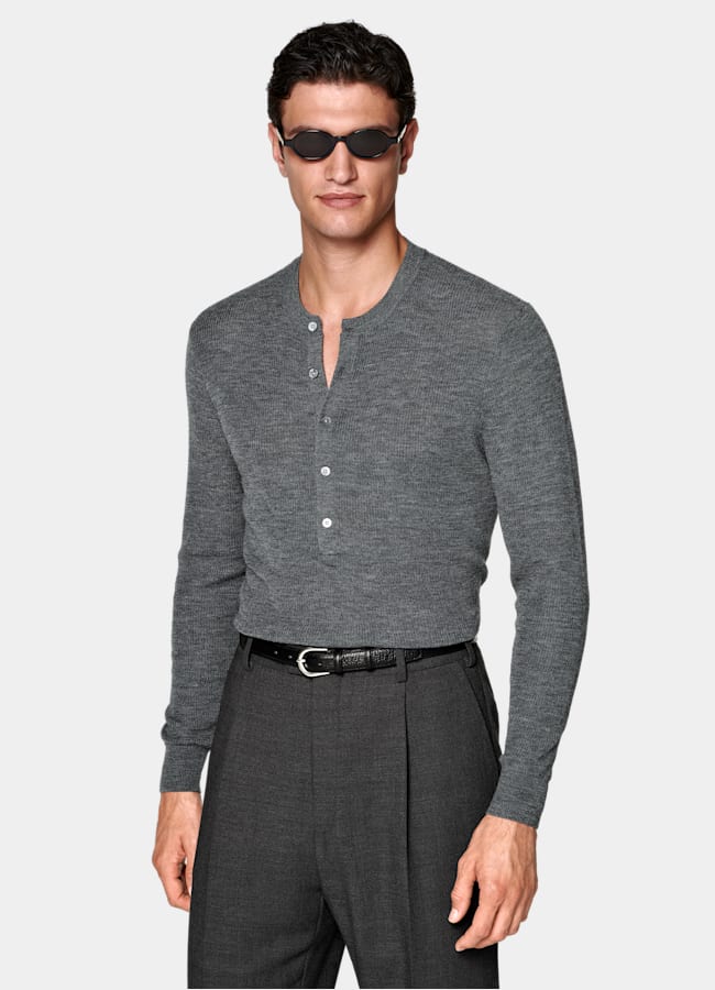 SUITSUPPLY Pure Wool Mid Grey Ribbed Henley