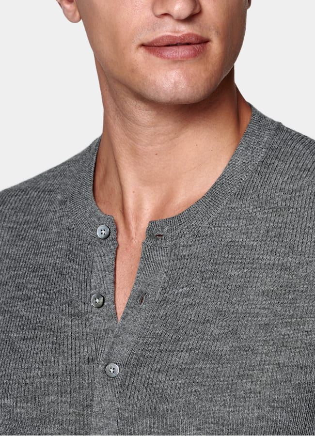 SUITSUPPLY Pure Wool Mid Grey Ribbed Henley