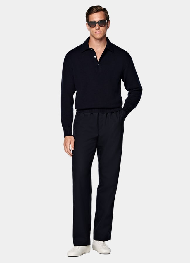 SUITSUPPLY Pure Cashmere Navy Long Sleeve Polo