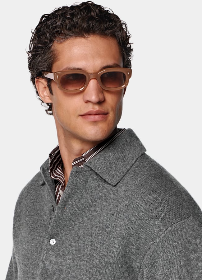 SUITSUPPLY Pure Cashmere Mid Grey Long Sleeve Polo