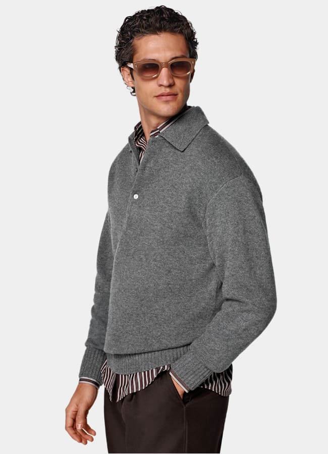 SUITSUPPLY Pure Cashmere Mid Grey Long Sleeve Polo