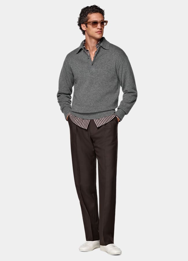 SUITSUPPLY Pure Cashmere Mid Grey Long Sleeve Polo