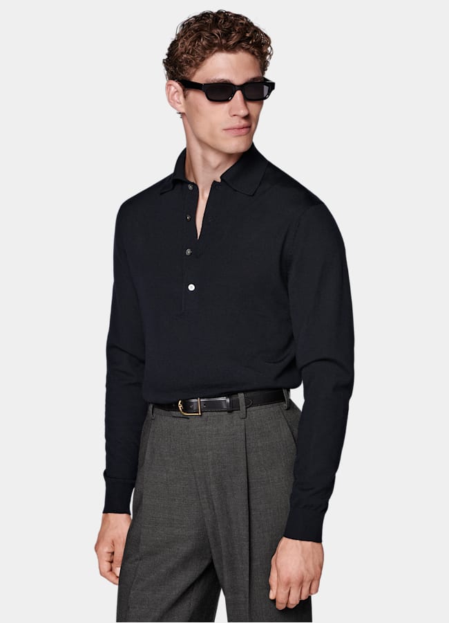 SUITSUPPLY Pure Wool Navy Long Sleeve Polo