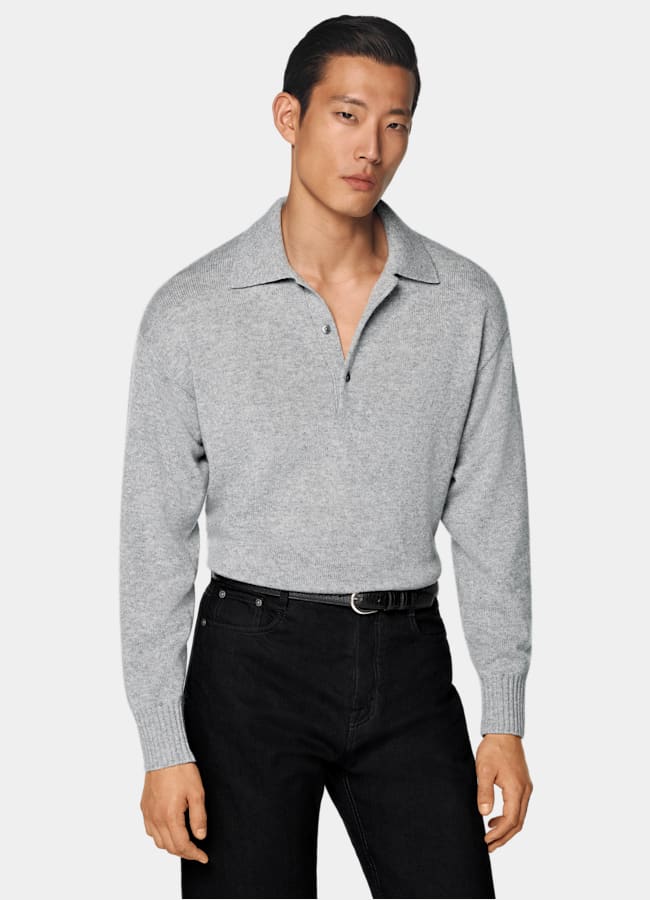 SUITSUPPLY Pure Cashmere Light Grey Long Sleeve Polo