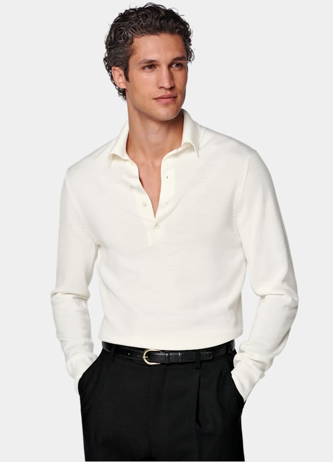 SUITSUPPLY Pure Wool Off-White Long Sleeve Polo