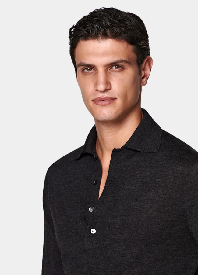 SUITSUPPLY Pure Wool Dark Grey Long Sleeve Polo