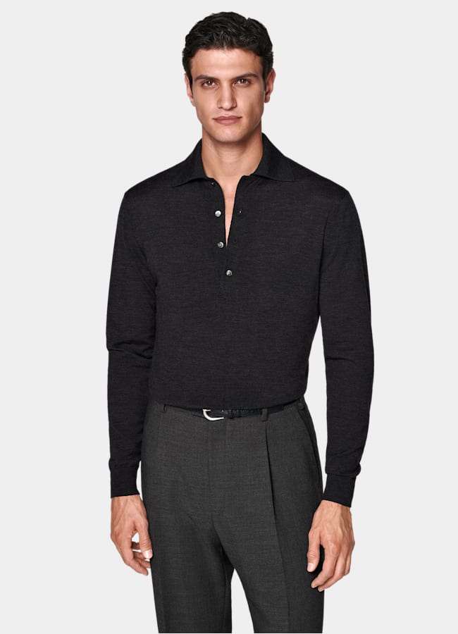 SUITSUPPLY Pure Wool Dark Grey Long Sleeve Polo