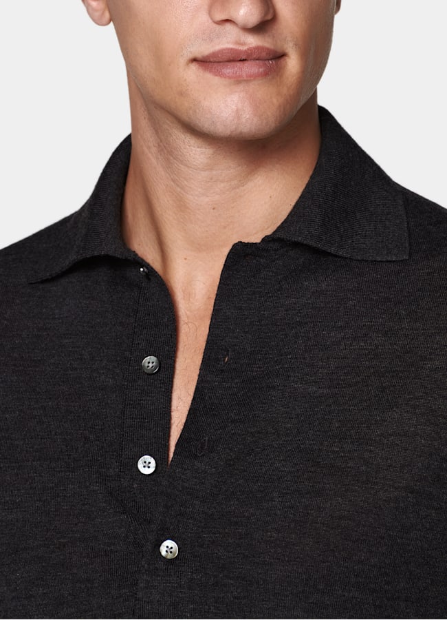 SUITSUPPLY Pure Wool Dark Grey Long Sleeve Polo