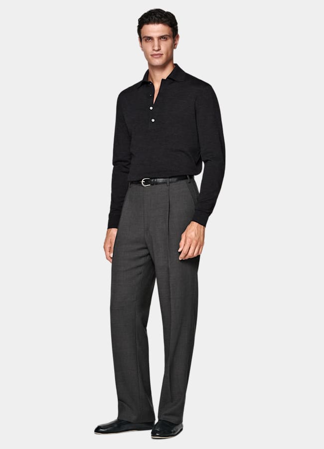 SUITSUPPLY Pure Wool Dark Grey Long Sleeve Polo
