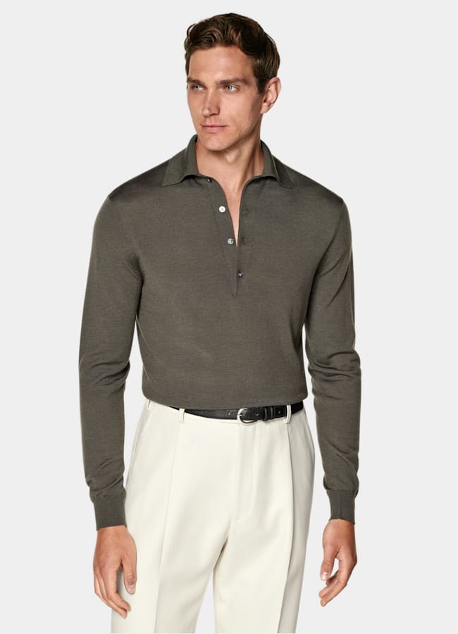 SUITSUPPLY Pure Wool Green Long Sleeve Polo