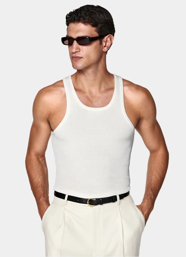 SUITSUPPLY Cotton Silk Off-White Ribbed Tank Top