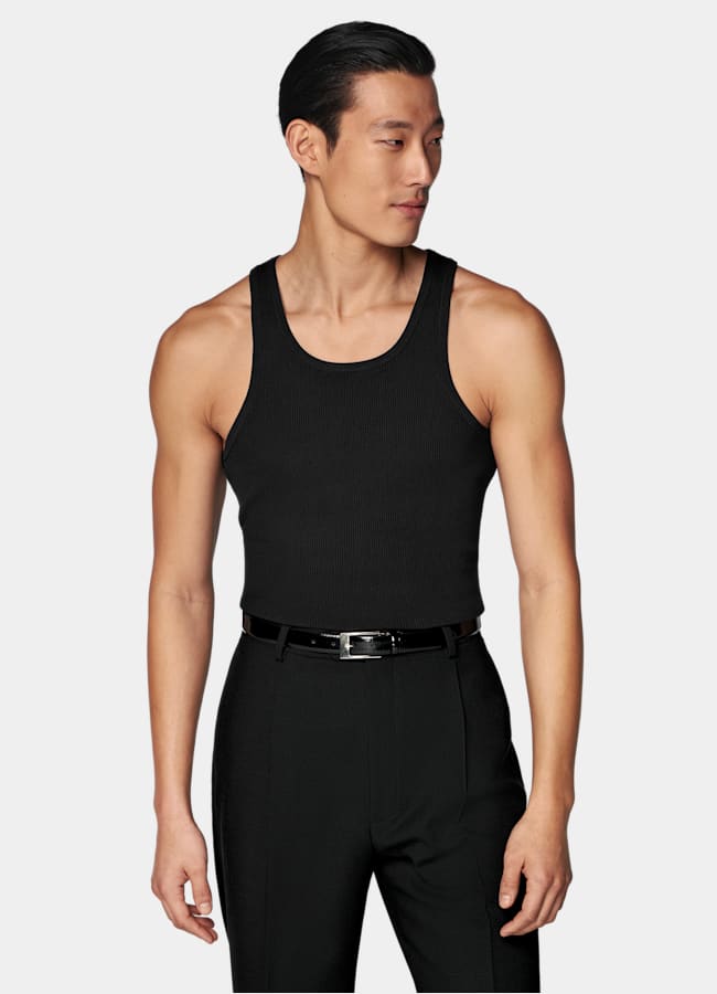 SUITSUPPLY Algodón y seda Camiseta negra acanalada