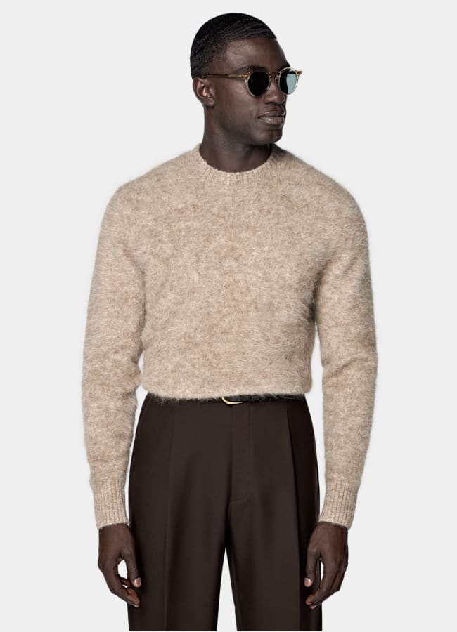 SUITSUPPLY Mélange alpaga Pull col rond taupe