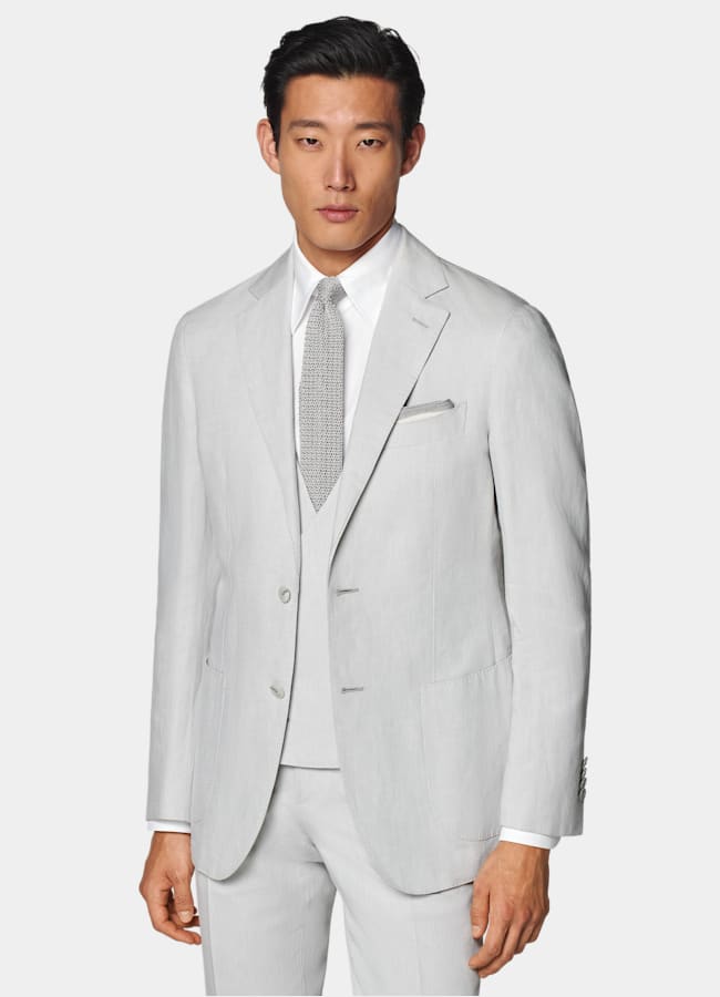 SUITSUPPLY Summer Linen Cotton by Di Sondrio, Italy Light Grey Three-Piece Tailored Fit Havana Suit