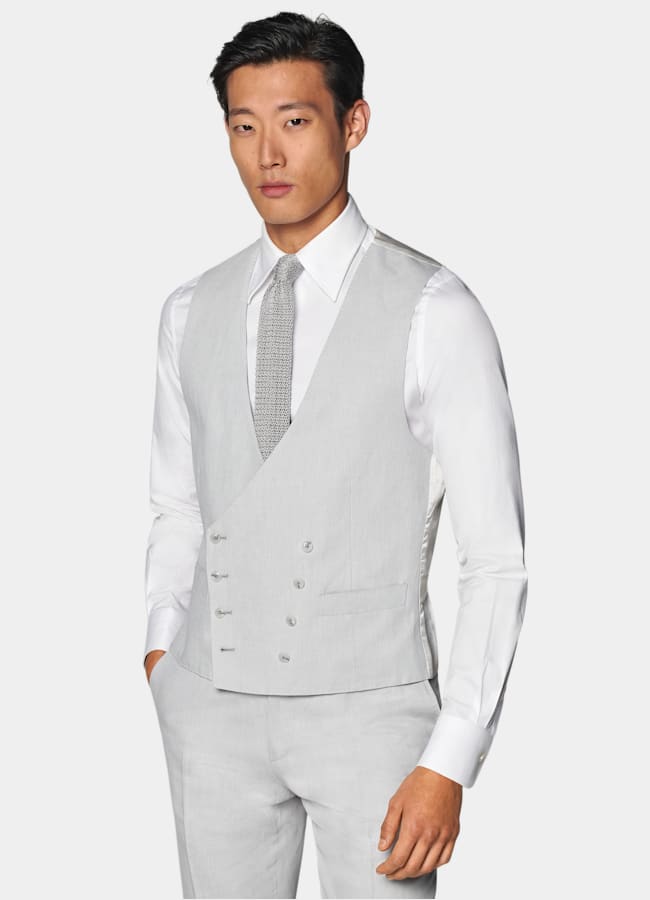 SUITSUPPLY Summer Linen Cotton by Di Sondrio, Italy Light Grey Three-Piece Tailored Fit Havana Suit