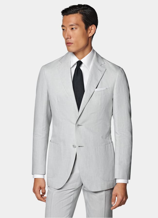 SUITSUPPLY Summer Linen Cotton by Di Sondrio, Italy  Light Grey Tailored Fit Havana Suit