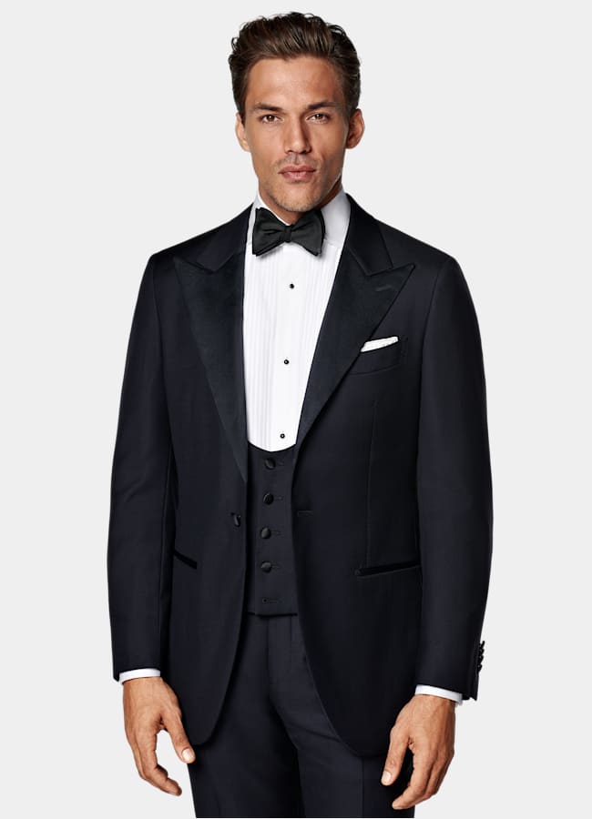 SUITSUPPLY All Season Pure S110's Wool by Vitale Barberis Canonico, Italy Navy Three-Piece Tailored Fit Havana Tuxedo