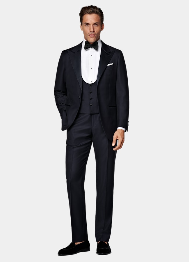 SUITSUPPLY All Season Pure S110's Wool by Vitale Barberis Canonico, Italy Navy Three-Piece Tailored Fit Havana Tuxedo