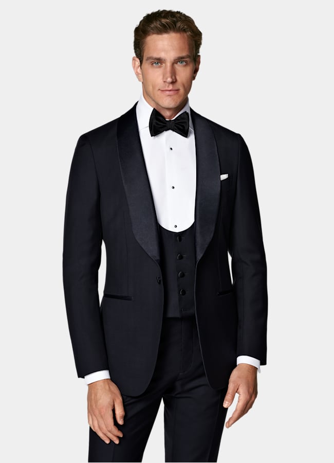 SUITSUPPLY All Season Pure S110's Wool by Vitale Barberis Canonico, Italy Navy Three-Piece Tailored Fit Havana Tuxedo