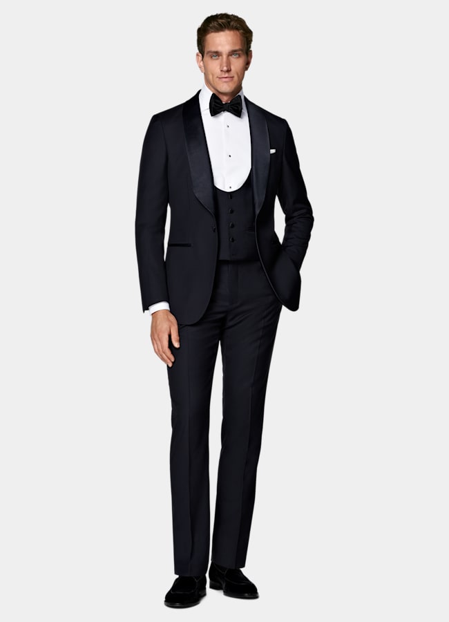 SUITSUPPLY All Season Pure S110's Wool by Vitale Barberis Canonico, Italy Navy Three-Piece Tailored Fit Havana Tuxedo