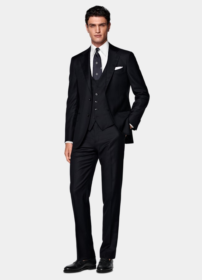 SUITSUPPLY All Season Pure S110's Wool by Vitale Barberis Canonico, Italy Navy Three-Piece Tailored Fit Havana Suit