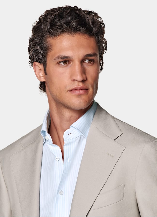 SUITSUPPLY All season Laine 4 fils sans repassage par Rogna, Italie Costume Roma coupe Relaxed taupe clair