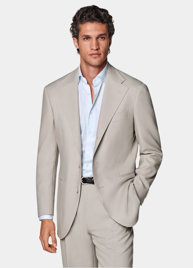 SUITSUPPLY All season Laine 4 fils sans repassage par Rogna, Italie Costume Roma coupe Relaxed taupe clair