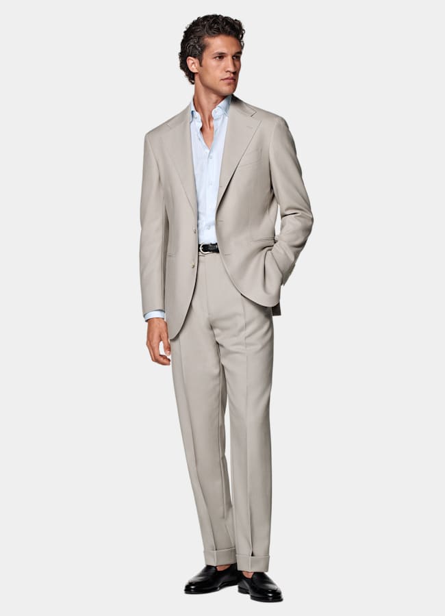 SUITSUPPLY All season Laine 4 fils sans repassage par Rogna, Italie Costume Roma coupe Relaxed taupe clair
