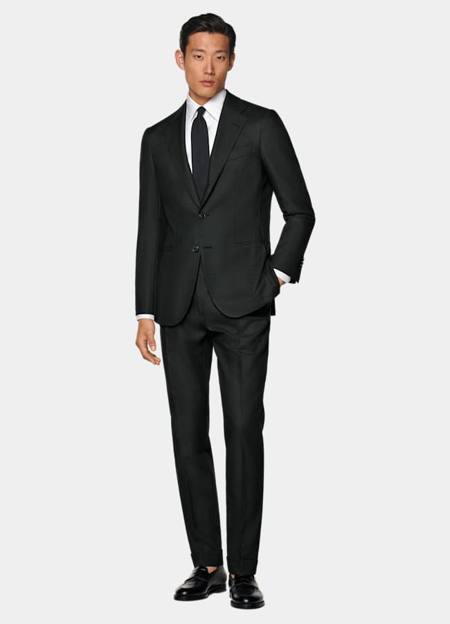 SUITSUPPLY All Season Wrinkle-Free 4-Ply Wool by Rogna, Italy Dark Green Tailored Fit Havana Suit