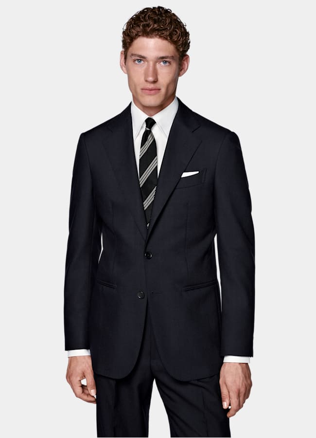 SUITSUPPLY All Season Lana de 4 cabos sin arrugas de Rogna, Italia Traje Havana azul marino corte Tailored