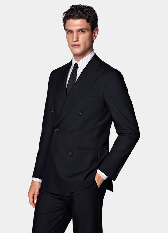 SUITSUPPLY All Season Lana de 4 cabos sin arrugas de Rogna, Italia Traje Havana azul marino corte Tailored
