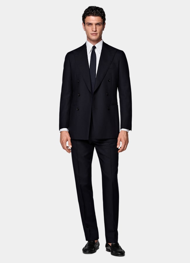 SUITSUPPLY All Season Lana de 4 cabos sin arrugas de Rogna, Italia Traje Havana azul marino corte Tailored