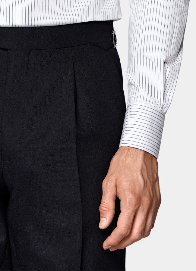 SUITSUPPLY All Season Lana de 4 cabos sin arrugas de Rogna, Italia Traje Havana azul marino corte Tailored