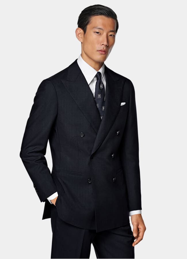 SUITSUPPLY All Season Wrinkle-Free 4-Ply Wool by Rogna, Italy Navy Tailored Fit Havana Suit