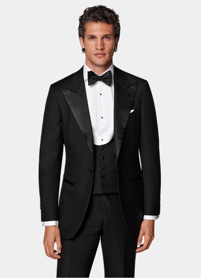 SUITSUPPLY All Season Pure S110's Wool by Vitale Barberis Canonico, Italy Black Three-Piece Tailored Fit Havana Tuxedo