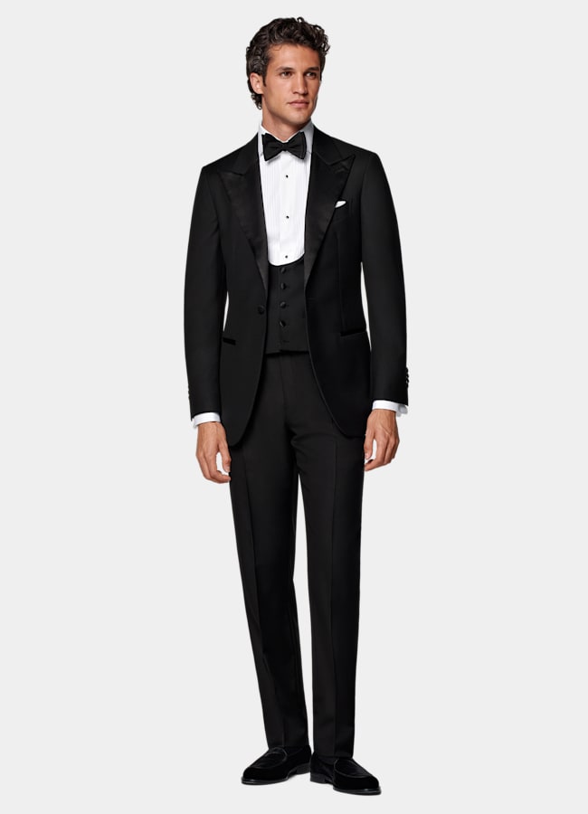 SUITSUPPLY All Season Pure S110's Wool by Vitale Barberis Canonico, Italy Black Three-Piece Tailored Fit Havana Tuxedo