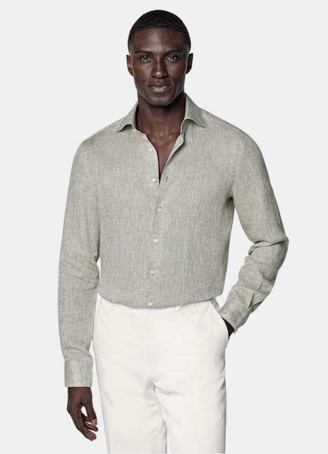 SUITSUPPLY Pure Linen by Albini, Italy Light Green Linen Shirt