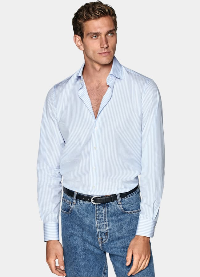 SUITSUPPLY Coton égyptien - Albini, Italie Chemise coupe ajustée en popeline bleu clair à rayures