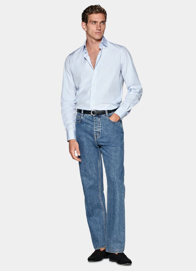 SUITSUPPLY Coton égyptien - Albini, Italie Chemise coupe ajustée en popeline bleu clair à rayures