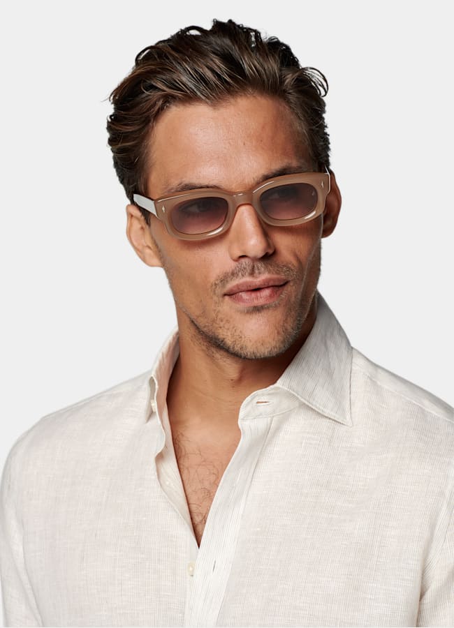 SUITSUPPLY Pure Linen by Albini, Italy Light Brown Striped Linen Shirt