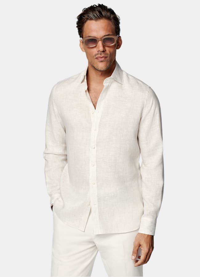 SUITSUPPLY Pure Linen by Albini, Italy Light Brown Striped Linen Shirt