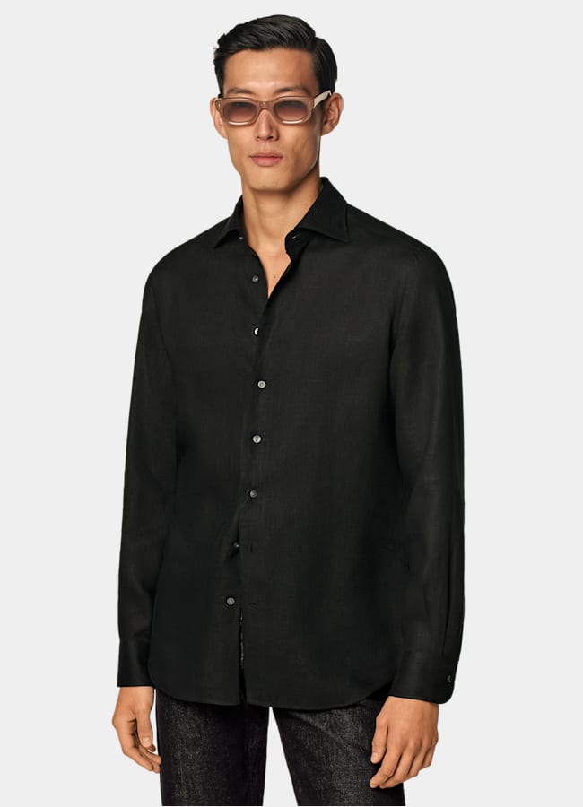 SUITSUPPLY Pure Linen by Albini, Italy Black Linen Shirt