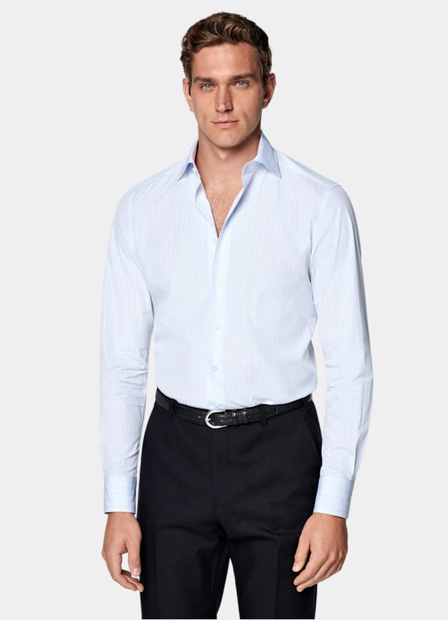 SUITSUPPLY Egyptian Cotton by Albini, Italy Light Blue Striped Widespread Collar Shirt